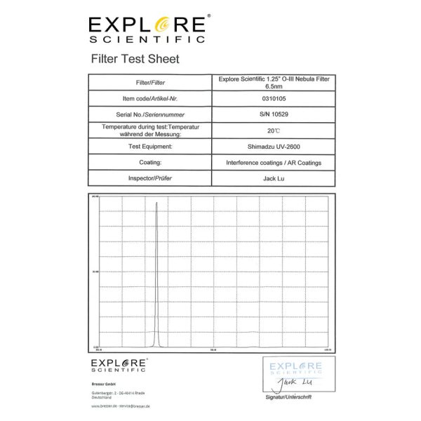 Explore Scientific Nebula Filter Oxygen III 1.25-inch 6.5nm (310105) Fashion